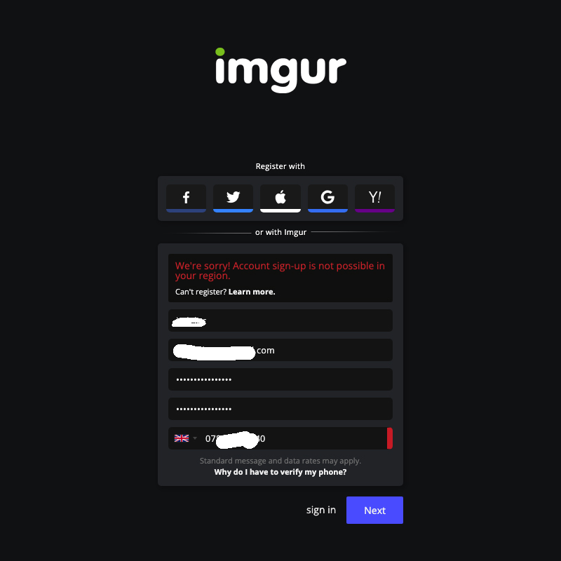imgur We are sorry Account sign-up is not possible in your region.