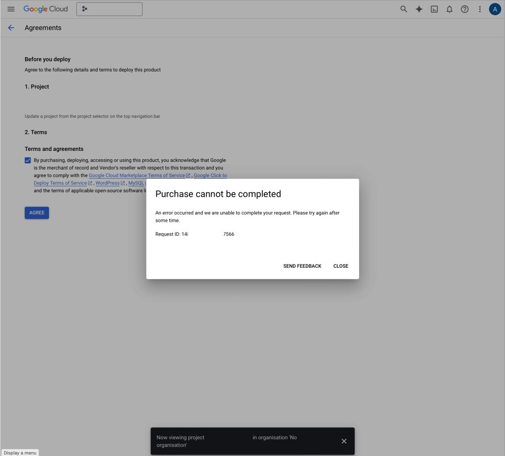 Google Cloud: Purchase cannot be completed