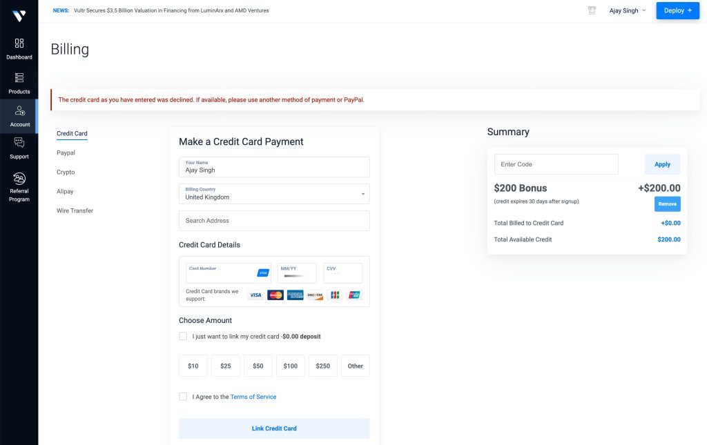 The credit card as you have entered was declined. If available, please use another method of payment or PayPal