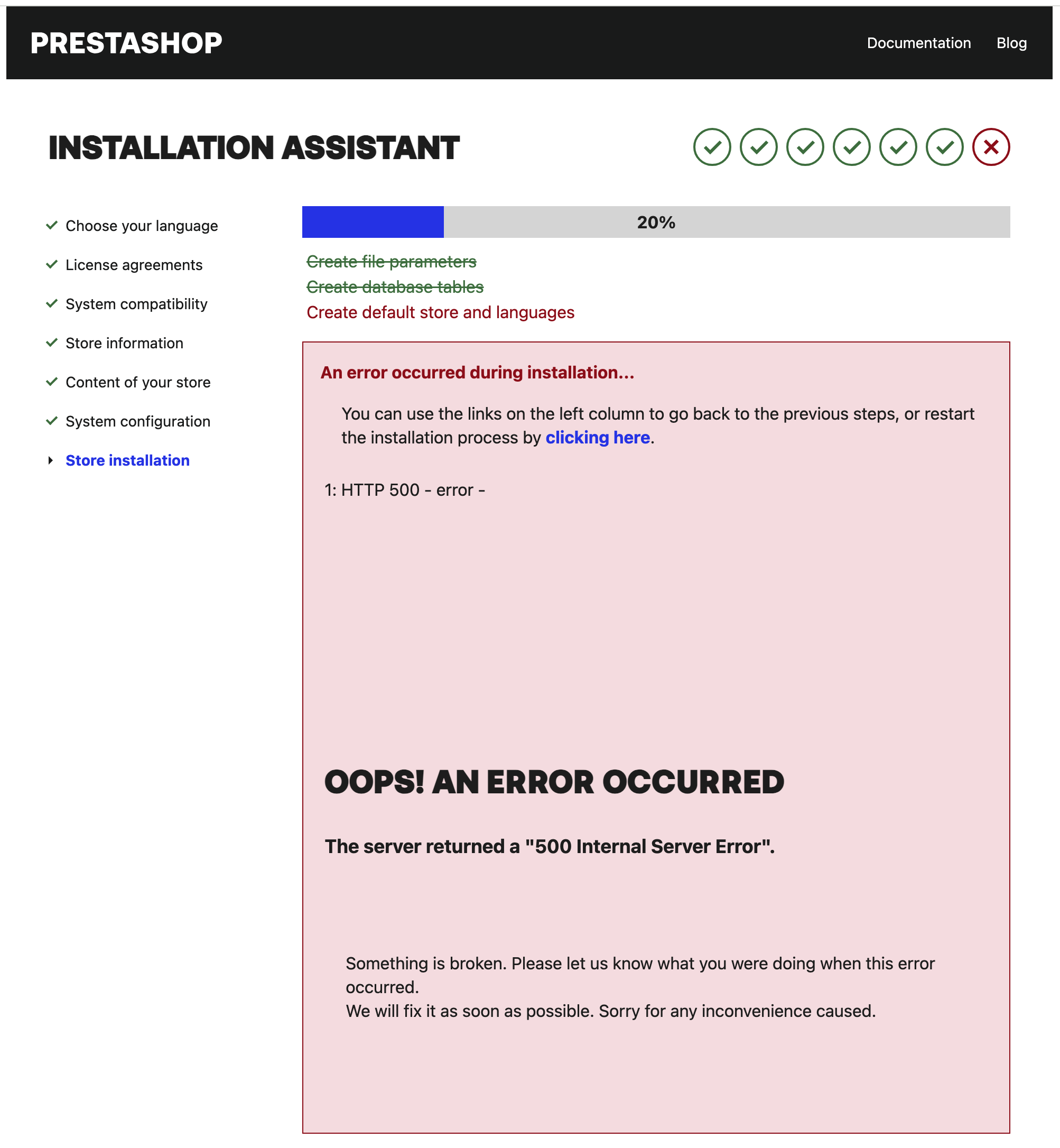 PrestaShop Installation Error:  HTTP 500 – error – Oops! An Error Occurred – The server returned a “500 Internal Server Error”.